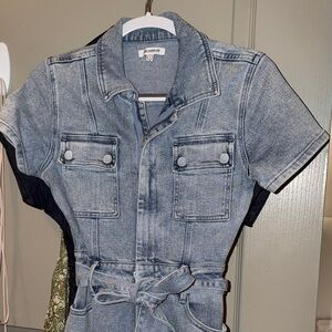 Good American Rag Short Sleeve Denim Romper - Stonewash Blue